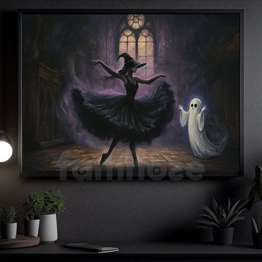 Halloween Witch Ballet Canvas Painting, Phantom Ballet Wall Art Decor, Spooky Season Poster Gift For Ballet Lovers