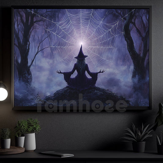 Vintage Halloween Witch Meditation Canvas Painting, Web Of Spells Wall Art Decor, Spooky Season Poster Gift For Meditator, Witch Lovers