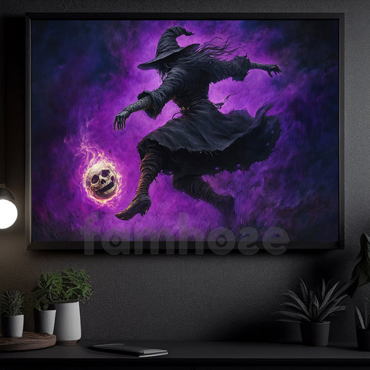 Halloween Witch Soccer Canvas Painting, Witch’s Kick Wall Art Decor, Spooky Season Poster Gift For Witch Lovers, Soccer Lovers