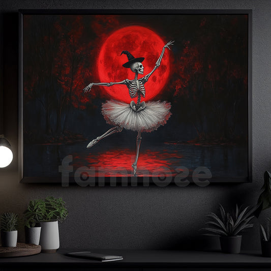 Halloween Skeleton Ballet Canvas Painting, Blood Moon Ballet Wall Art Decor, Spooky Season Poster Gift For Skeleton Lovers, Ballet Lovers
