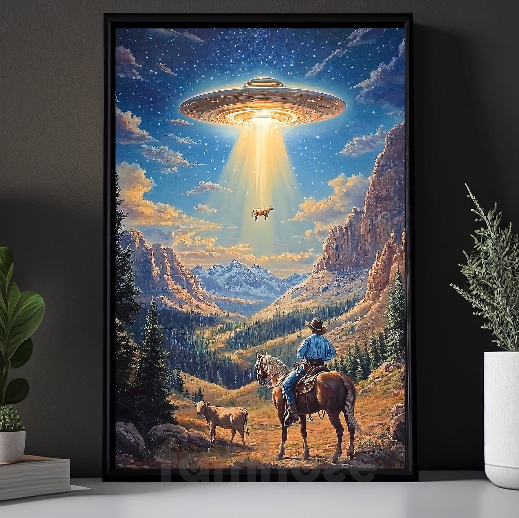 Vintage UFO Cowboy Oil Canvas Painting, Cowboy vs Aliens Wall Art Deco ...