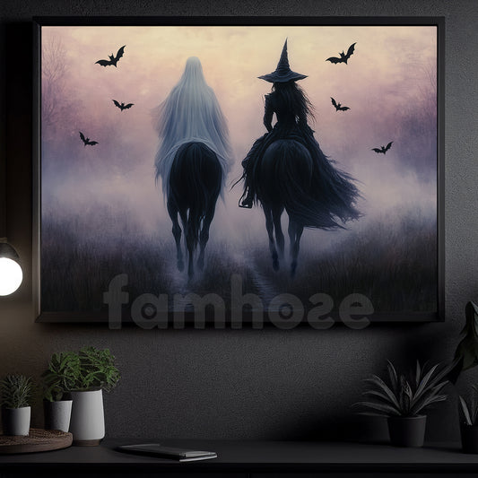 Halloween Witch & Ghost Riding Horse Canvas Painting, The Herd of Forgotten Names Wall Art Decor, Spooky Season Poster Gift For Witch Lovers, Ghost Lovers, Horse Riding Lovers