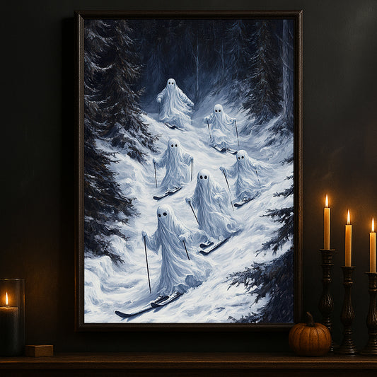 Halloween Skiing Boo Canvas Painting, Haunted Ski Team Wall Art Decor, Spooky Season Poster Gift For Skiing Lovers