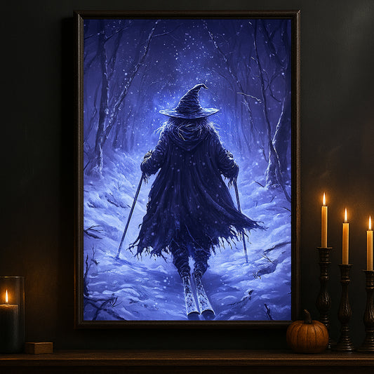 Halloween Skiing Witch Canvas Painting, Frozen Enchantress Wall Art Decor, Spooky Season Poster Gift For Skiing Lovers