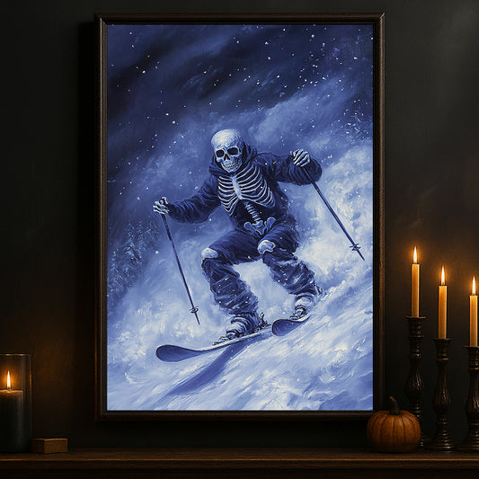 Halloween Skiing Skeleton Canvas Painting, Spooky Ski Skeleton Wall Art Decor, Spooky Season Poster Gift For Skiing Lovers