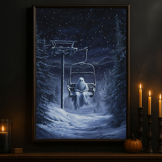 Halloween Ghost Canvas Painting, Lonely Ghost On Ski Lift Wall Art Decor, Spooky Season Poster Gift For Ghost Lovers