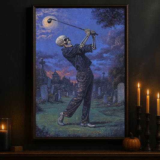 Halloween Golf Skeleton Canvas Painting, Spooky Graveyard Golf Wall Art Decor, Spooky Season Poster Gift For Golf Lovers