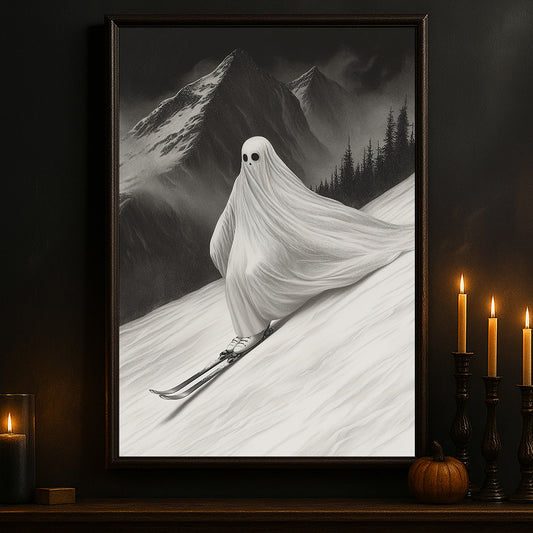 Halloween Skiing Ghost Canvas Painting, Phantom Descent Wall Art Decor, Spooky Season Poster Gift For Skiing Lovers