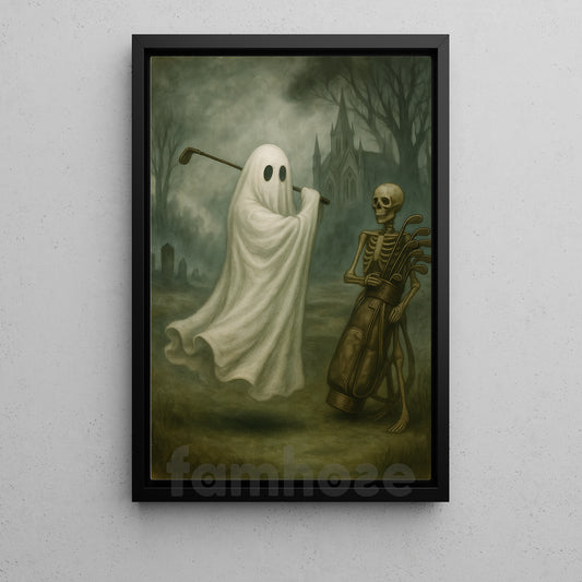 Halloween Golf Ghost Skeleton Canvas Painting, Skeleton Caddy Wall Art Decor, Spooky Season Poster Gift For Golf Lovers