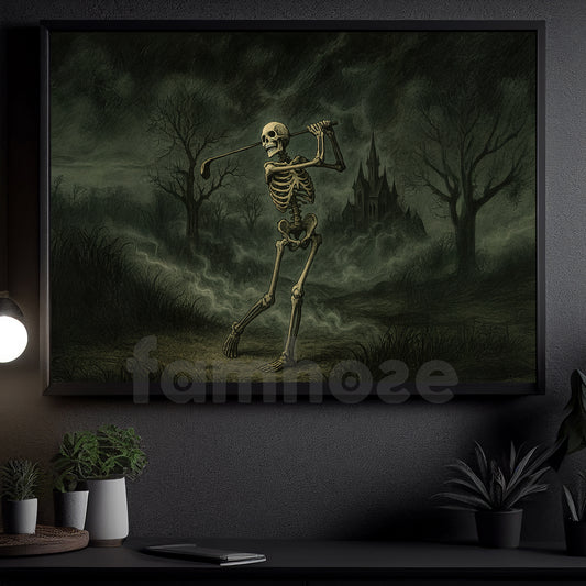 Halloween Golf Skeleton Canvas Painting, Grim Swing Wall Art Decor, Spooky Season Poster Gift For Golf Lovers