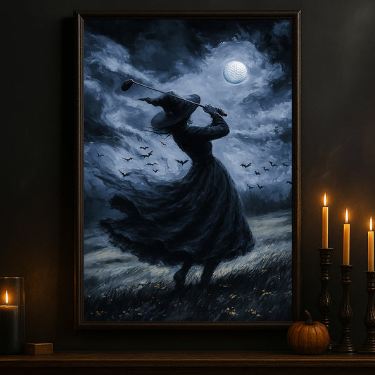 Halloween Golf Witch Canvas Painting, Night Witch Golfer Wall Art Decor, Spooky Season Poster Gift For Golf Lovers