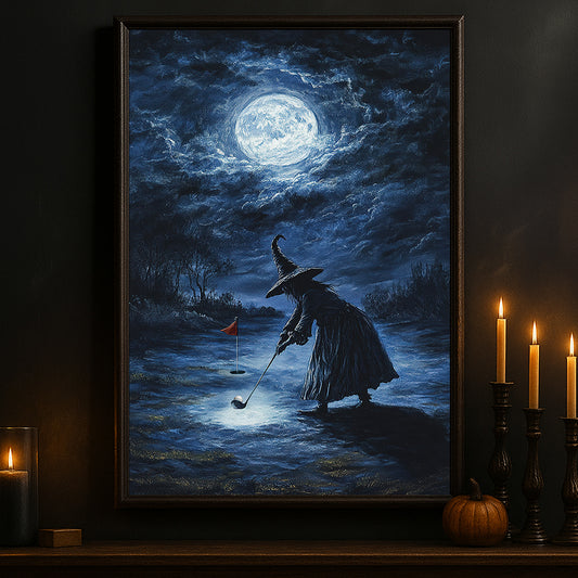 Halloween Golf Witch Canvas Painting, Witch Golfer Wall Art Decor, Spooky Season Poster Gift For Golf Lovers