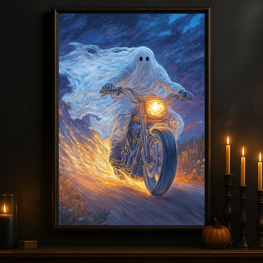 Halloween Ghost Motorcycle Canvas Painting, Phantom Rider Wall Art Decor, Spooky Season Poster Gift For Biker