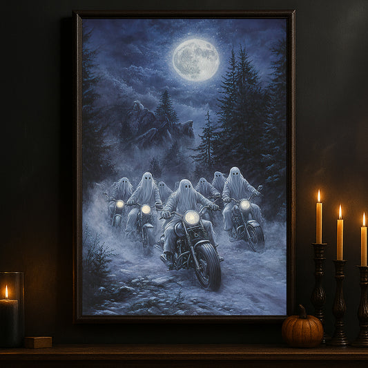 Halloween Ghost Motorcycle Canvas Painting, Ghost Rally Wall Art Decor, Spooky Season Poster Gift For Biker