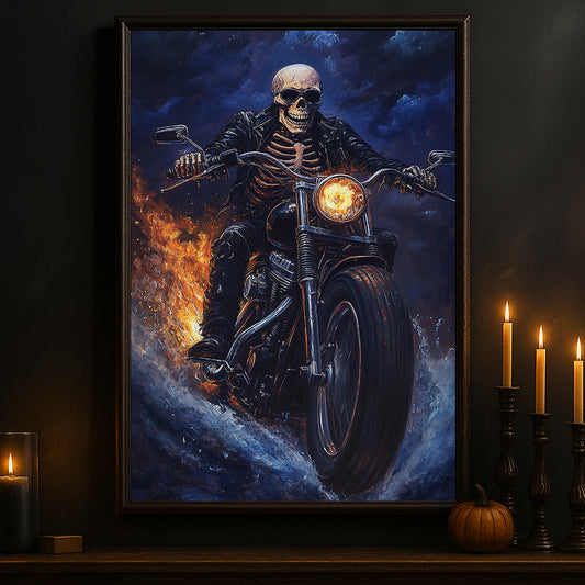 Halloween Skeleton Motorcycle Canvas Painting, Bone Rider Wall Art Decor, Spooky Season Poster Gift For Biker