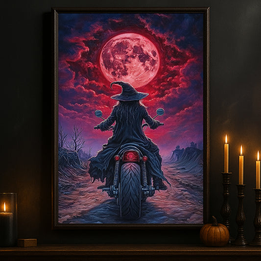 Halloween Witch Motorcycle Canvas Painting, Witch Of The Wasteland Wall Art Decor, Spooky Season Poster Gift For Biker