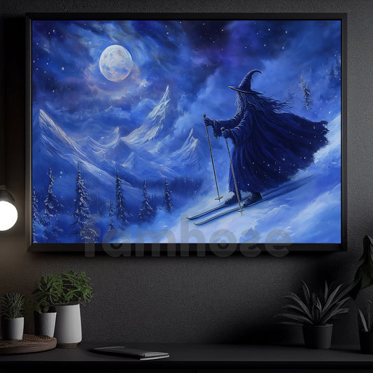 Halloween Skiing Witch Canvas Painting, Magical Ski Witch Wall Art Decor, Spooky Season Poster Gift For Skiing Lovers