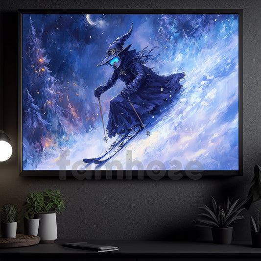 Halloween Skiing Witch Canvas Painting, Fantasy Skiing Witch Wall Art Decor, Spooky Season Poster Gift For Skiing Lovers