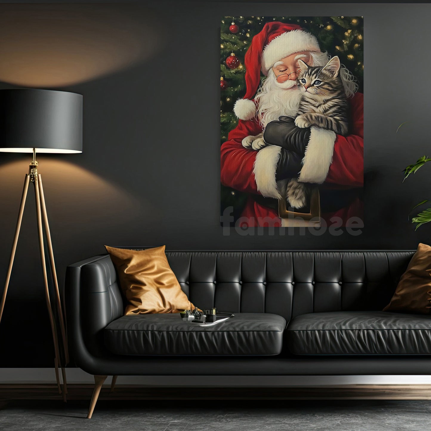 Christmas Cat Canvas Painting, Santa Loving His Cat Wall Art Decor, Xmas Poster Gift For Cat Lovers