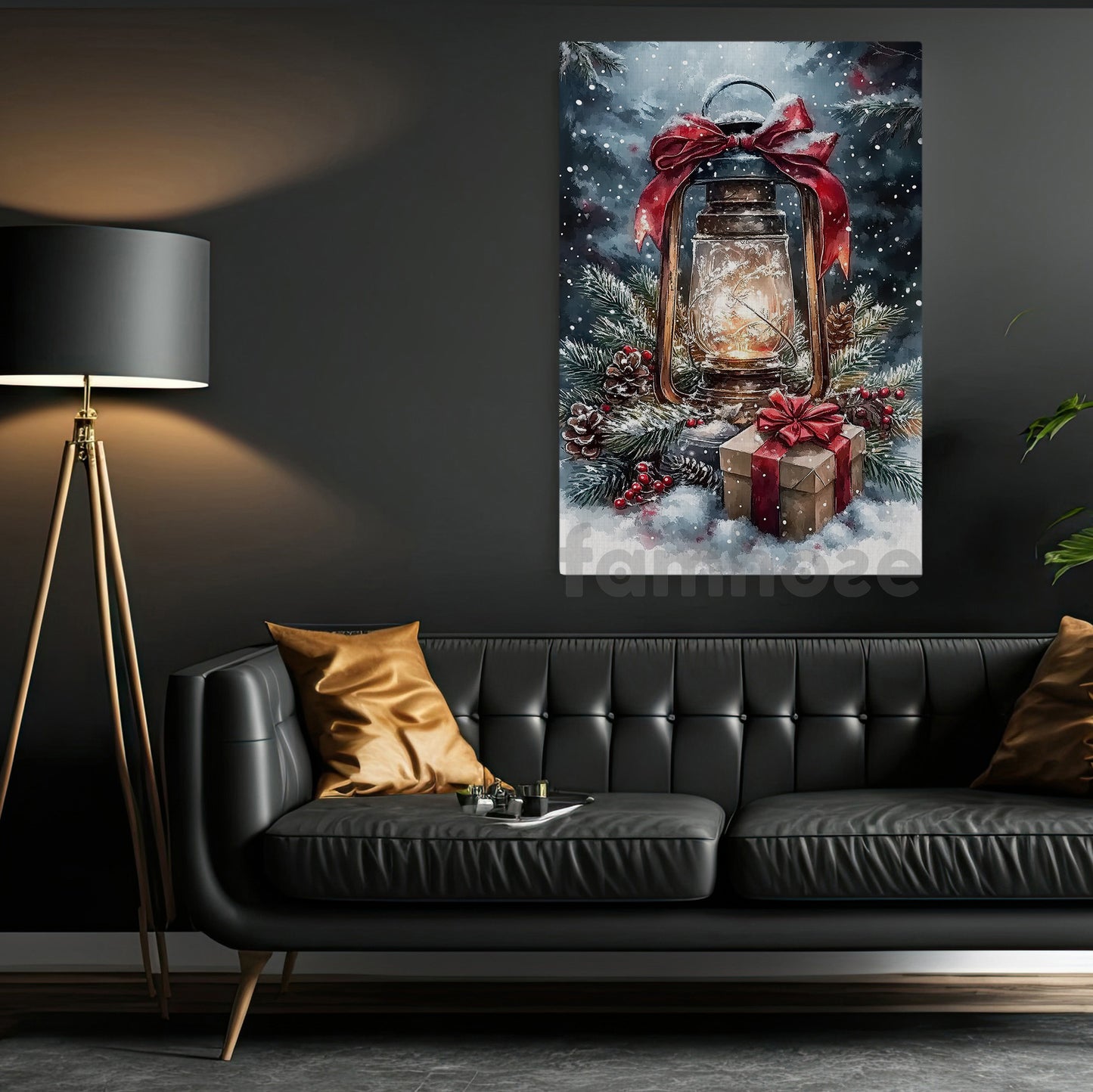 Christmas Canvas Painting, Glowing Winter Lantern Wall Art Decor, Xmas Poster Gift
