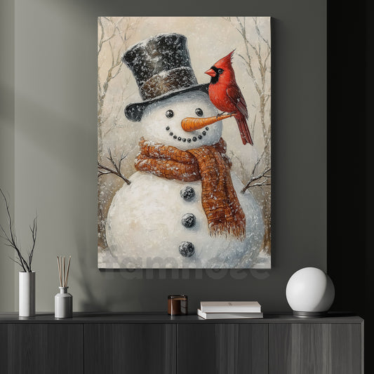 Christmas Snowman Canvas Painting, Charming Snowman With Cardinal Wall Art Decor, Xmas Poster Gift To Decor House Or Office