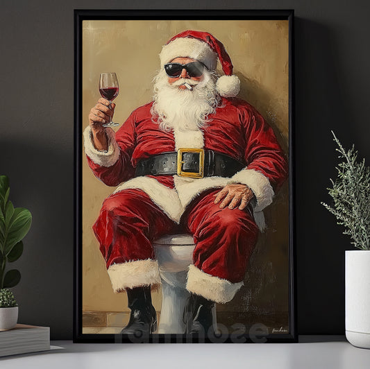 Funny Christmas Toilet Canvas Painting, Santa Claus In His Toilet Bathroom Wall Art Decor, Xmas Restroom Poster Gift