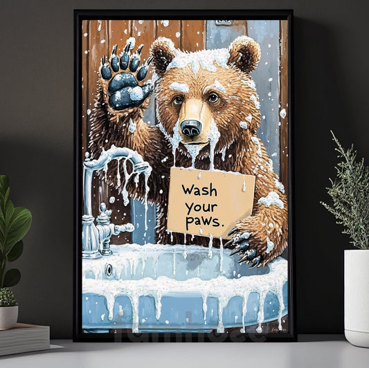Cute Bear Toilet Canvas Painting, Wash Your Paws Bathroom Wall Art Decor, Restroom Poster Gift For Bear Lover
