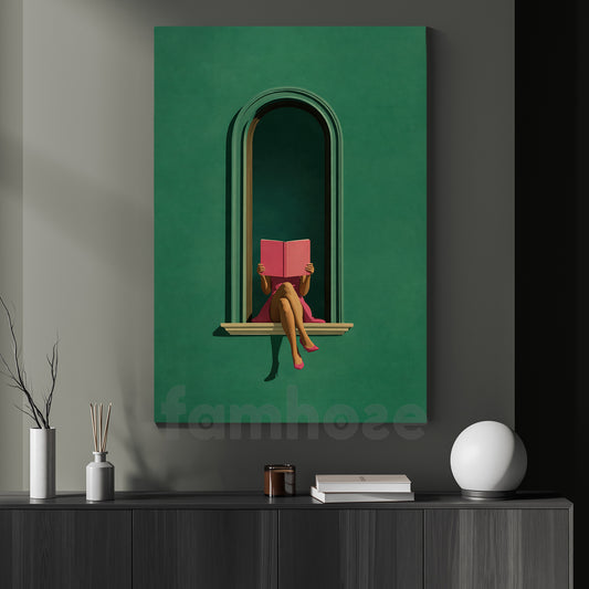 Minimalist Reading Woman Canvas Painting, Modern Green Arch Book Lover Wall Art Decor, Poster Gift For Book Lover
