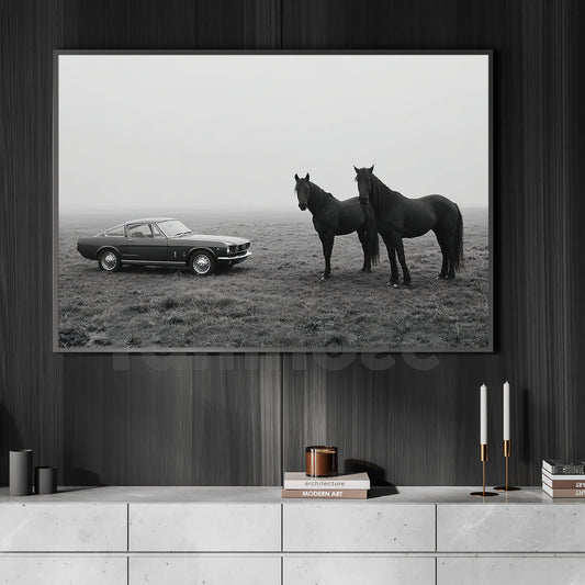 Black And White Horse Canvas Painting, Horse And Classic Car Wall Art Decor, Poster Gift For Horse Lover