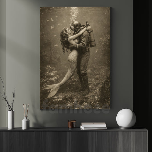 Vintage Mermaid Scuba Diving Canvas Painting, Underwater Mermaid Love Wall Art Decor, Poster Gift For Mermaid Lover
