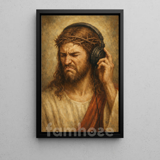 Jesus Listening To Music Canvas Painting, Funny Religious Wall Art Decor, Poster Gift For Music Lovers