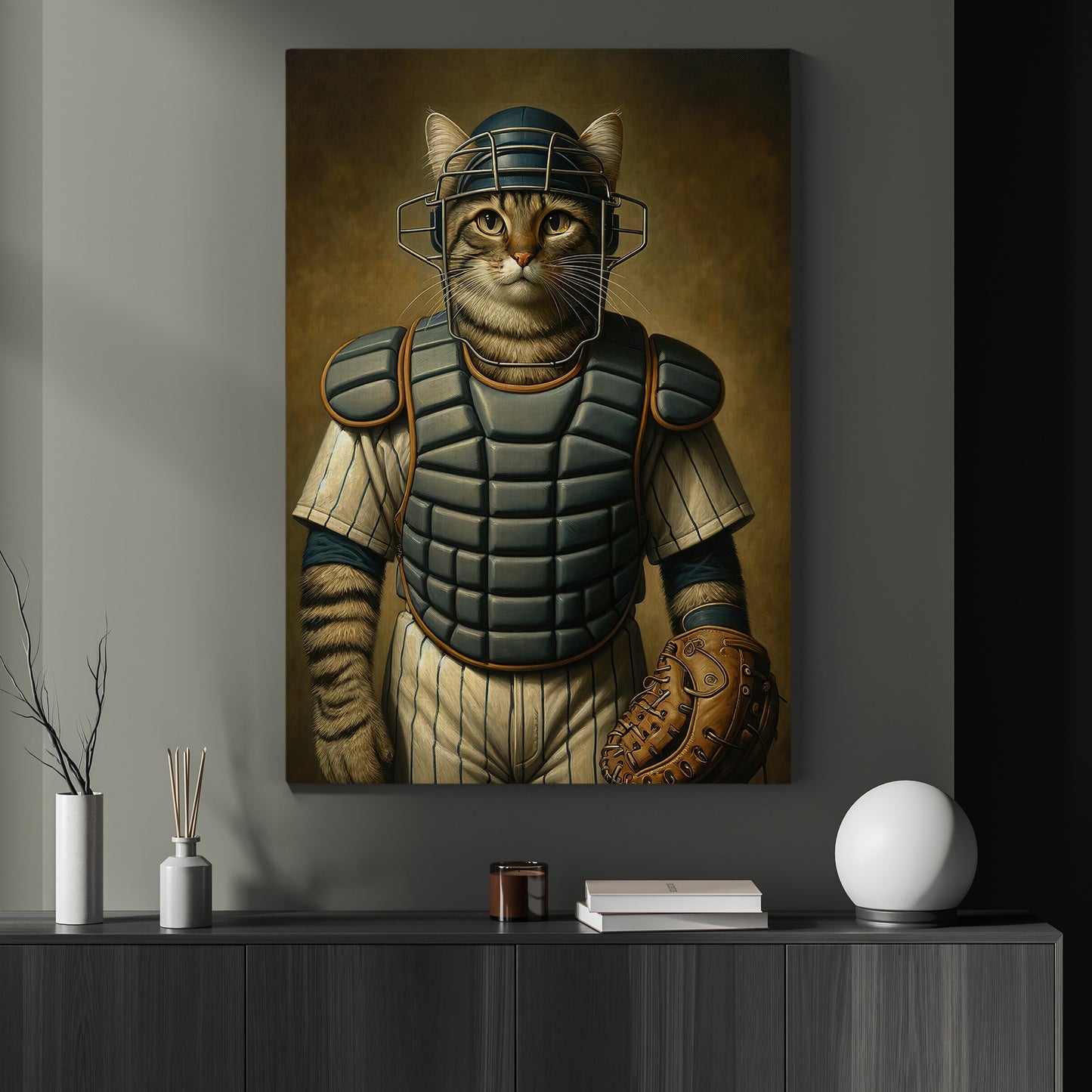 The Feline Defender Cat With Baseball, Baseball Canvas Painting, Cat Wall Art Decor, Poster Gift For Cat And Baseball Lovers