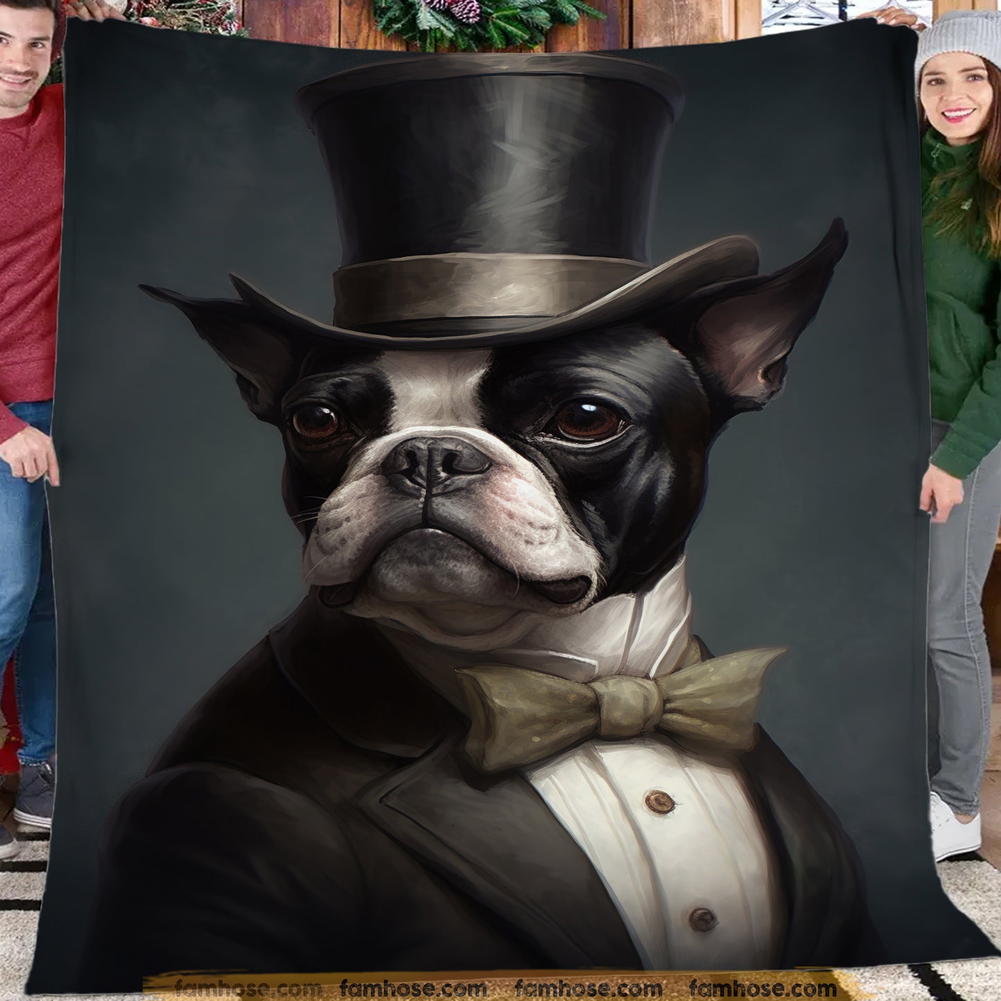 Victorian Boston Dog Fleece Blanket - The Dapper Boston Sherpa Blanket, Woven Blanket Gift For Boston Lovers, Victorian Animal Lovers