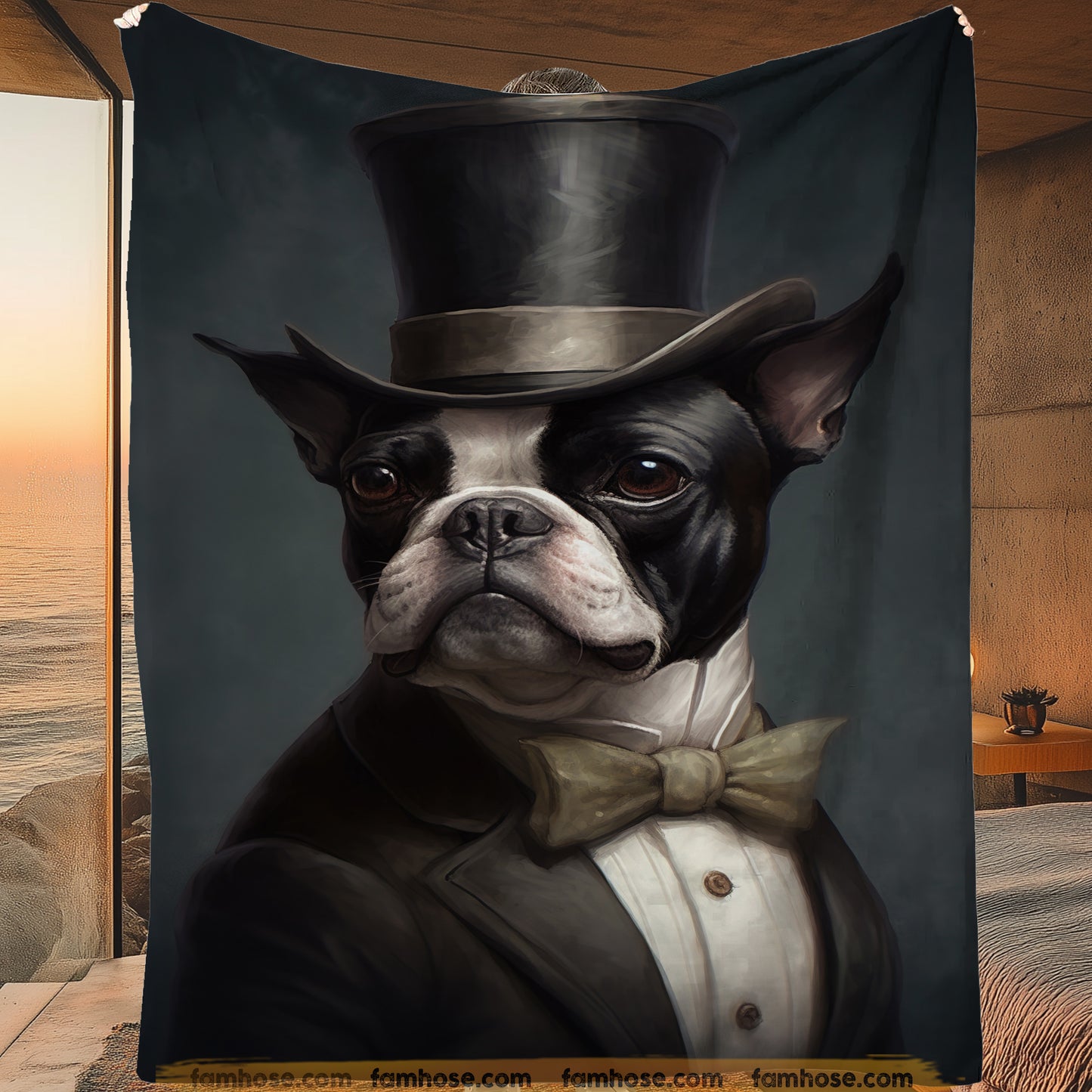 Victorian Boston Dog Fleece Blanket - The Dapper Boston Sherpa Blanket, Woven Blanket Gift For Boston Lovers, Victorian Animal Lovers