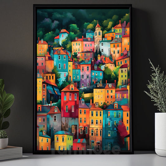Bright Colorful House Canvas Painting, Rainbow Town Wall Art Decor, Poster Gift To Decor House Or Office