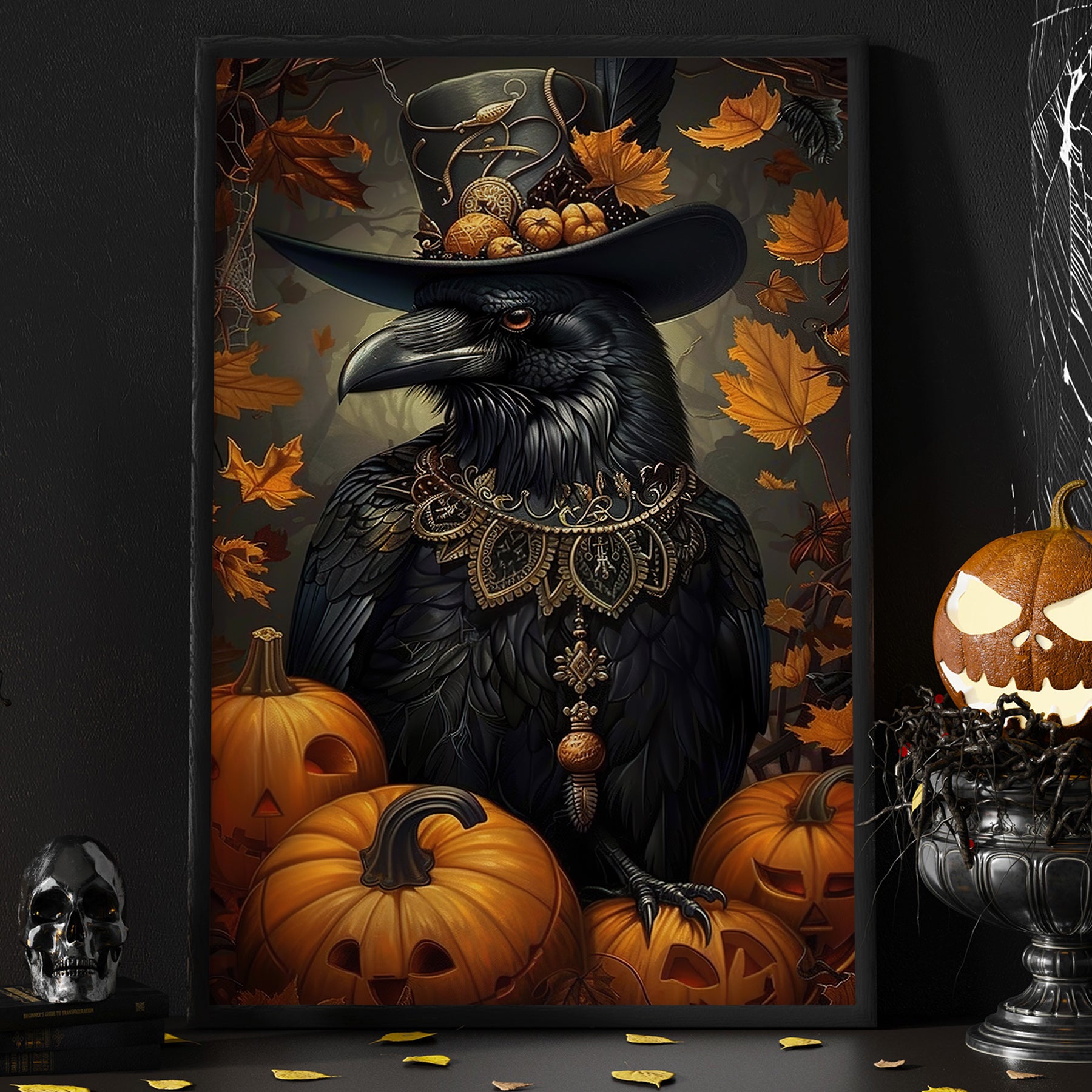 Victorian Raven Halloween Canvas Painting, Spooky Season Wall Art