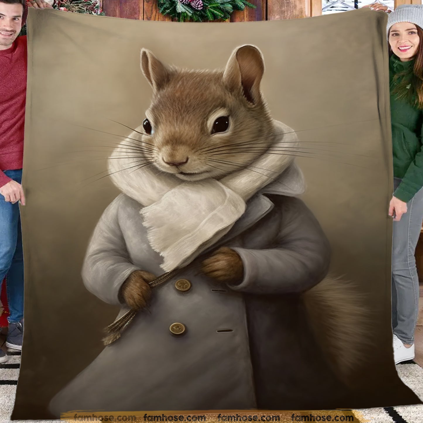 Victorian Squirrel Fleece Blanket - The Dapper Squirrel Sherpa Blanket, Woven Blanket Gift For Squirrel Lovers, Victorian Animal Lovers