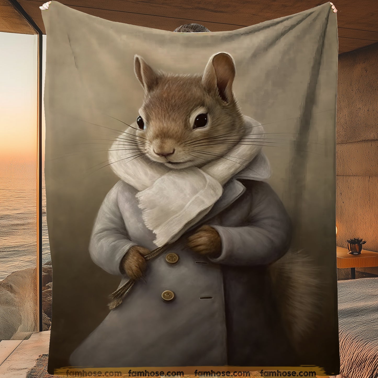 Victorian Squirrel Fleece Blanket - The Dapper Squirrel Sherpa Blanket, Woven Blanket Gift For Squirrel Lovers, Victorian Animal Lovers