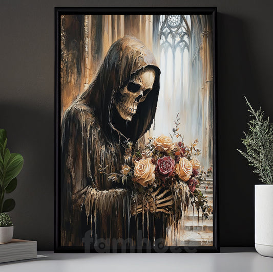 Vintage Halloween Gothic Skeleton Canvas Painting, Grim Reaper Flowers Wall Art Decor, Spooky Season Poster Gift For Skeleton Lover