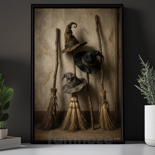 Halloween Witch Canvas Painting, Witch Hat And Broom Wall Art Decor, Spooky Season Poster Gift For Witch Lover