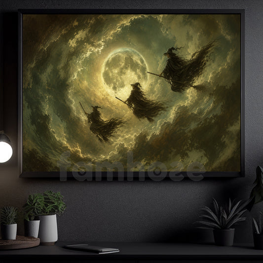 Halloween Flying Witches Canvas Painting, Flying Under Full Moon Spooky Season Wall Art Decor, Halloween Poster Gift For Witch Lover