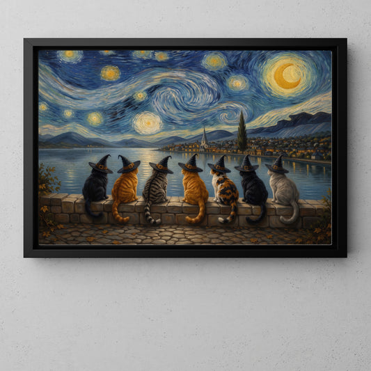 Halloween Impasto Oil Witch Cat Canvas Painting, A Night Beneath The Stars Wall Art Decor, Spooky Season Poster Gift For Cat Lover