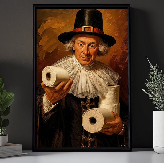 Funny Thanksgiving Toilet Canvas Painting, The Pilgrim Who Came Prepared Bathroom Wall Art Decor, Thankful Restroom Poster Gift For Pilgrim Lover