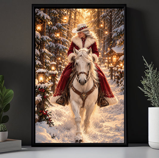 Christmas Western Cowgirl Canvas Painting, Mrs Claus Riding White Horse In Snow Wall Art Decor, Xmas Poster Gift For Cowgirls
