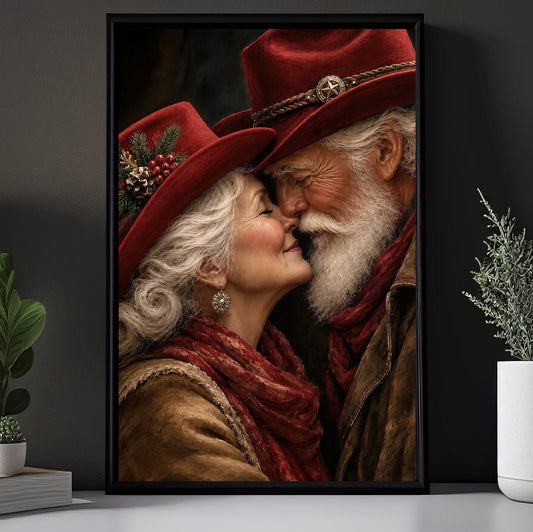 Romantic Christmas Santa Couple Canvas Painting, Christmas Kisses Under Cowboy Hats Wall Art Decor, Xmas Poster Gift For Cowboys