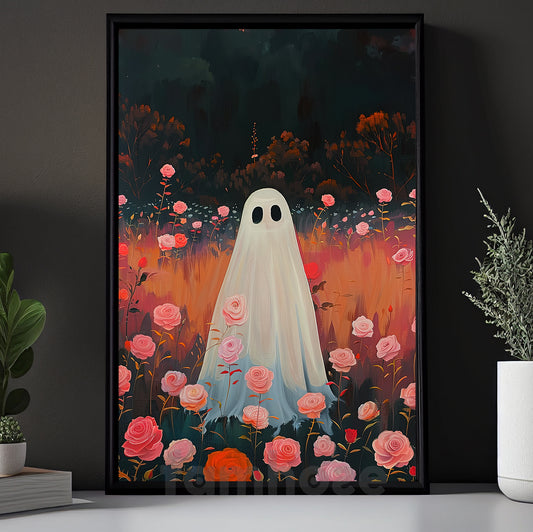 Halloween Boo Canvas Painting, Blooming Spirit Wall Art Decor, Spooky Season Poster Gift For Ghost Lovers