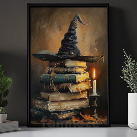 Witch Hat & Magic Books Canvas Painting, The Witch's Favorite Reading Corner Spooky Season Wall Art Decor, Halloween Poster Gift For Book Lover