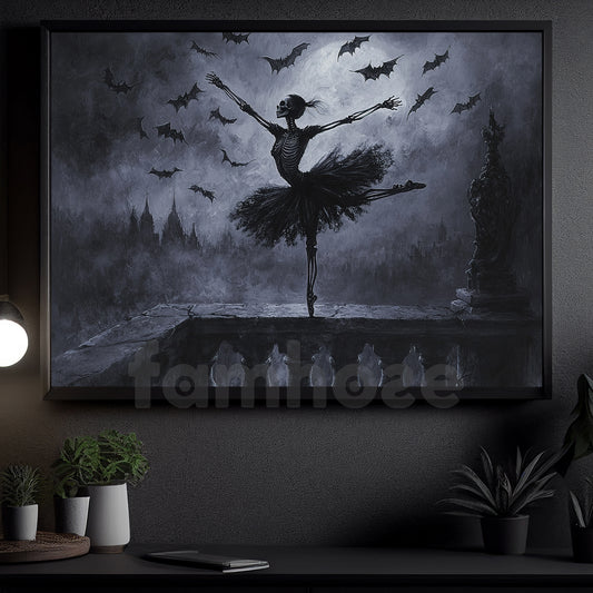 Halloween Skeleton Ballet Canvas Painting, The Bone Ballerina Wall Art Decor, Spooky Season Poster Gift For Skeleton Lovers, Ballet Lovers