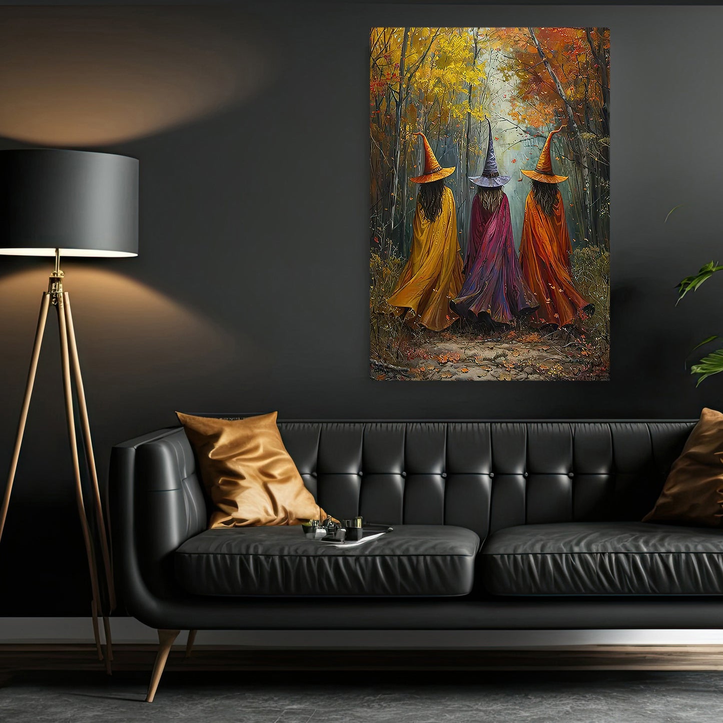 Witches' Autumn Stroll, Witches Canvas Painting, Spooky Season Wall Art Decor, Halloween Poster Gift For Witch Lovers