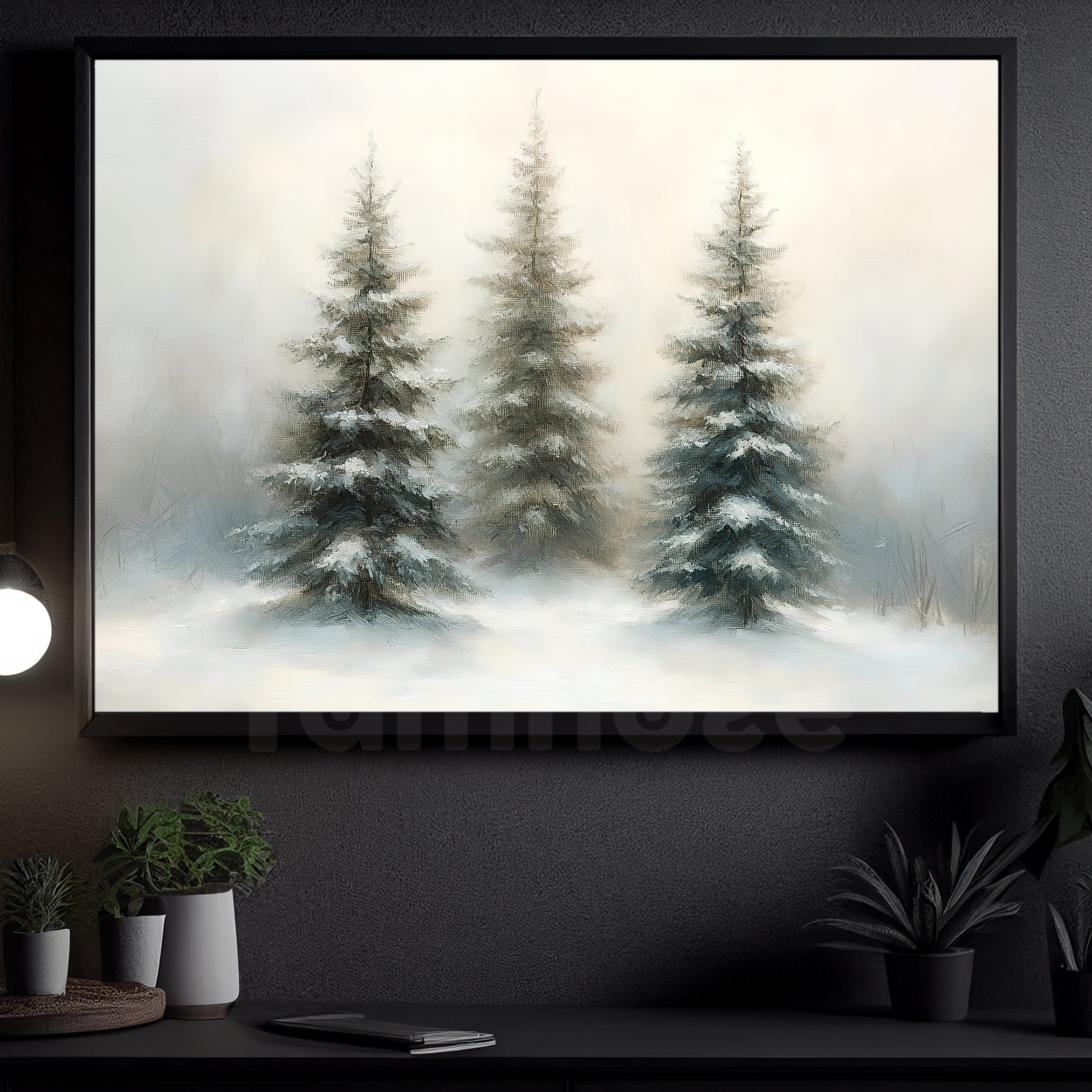 Vintage Christmas Tree Canvas Painting, A Trio Of Pine Tree In Winter ...